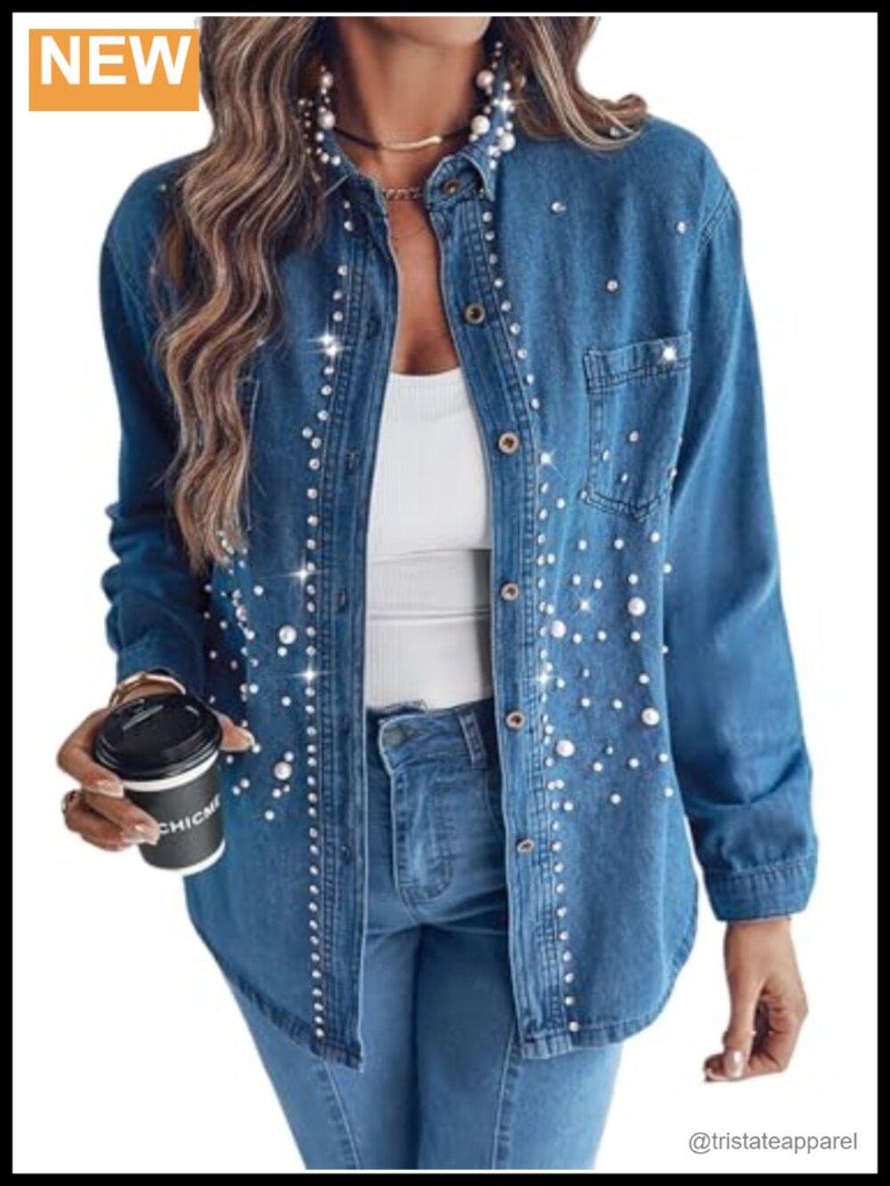 Women's Embellished Pearl Rhinestone Denim Button Down Shirt Cotton Stretchable
